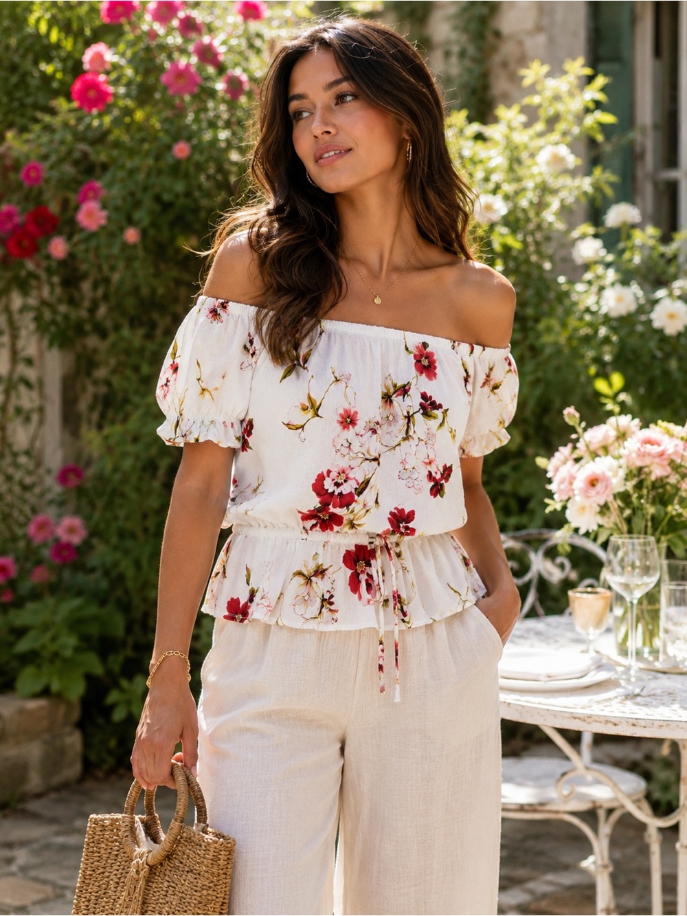 MOA MOA Parisian White  & Red Floral Petite Off Shoulder Top Blouson Breezy Sz S